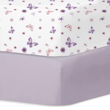 Little Grape Land Pack and Play Sheets Mini Crib Sheets Soft Breathable Pack N Play Sheets, Playard Fitted Sheet 2 Pack Stretchy Fits 38"x26" Playard Mattress, Purple Butterfly - Image 1