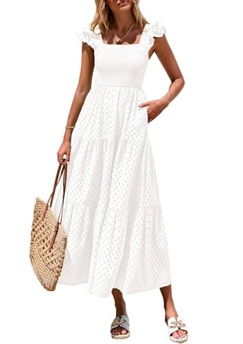 PRETTYGARDEN Womens Summer Square Neck Maxi Dresses Cap Sleeve Eyelet Smocked Tiered A Line Flowy Long Dress with Pockets (White,Medium) - Image 1