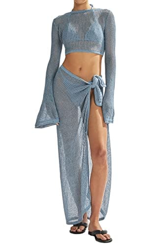 LANNEW Women's Swimsuits Cover Ups Set for Crochet Bathing Suit Hollow Out 2 Piece Bikini Coverup Beach Swimwear Blue - Image 1