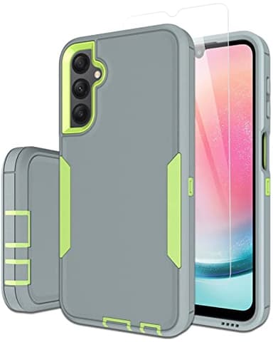 Dahkoiz for Samsung Galaxy A24 4G Case, with Glass Screen Protector, Dustproof Port Cover, Magnetic Car Mount Support, Full-Body Silicone Rubber Drop-Proof Non-Slip Phone Case, Green/Grey - Image 1