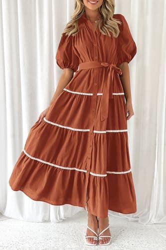 PRETTYGARDEN Women's Summer Button Down Shirt Dress Short Puffy Sleeve Tiered Ruffle Flowy Long Maxi Dresses (Rust Red,Large) - Image 5