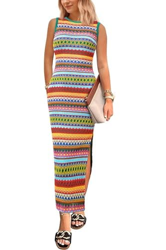 PRETTYGARDEN Womens Maxi Tank Spring Dress Sleeveless Crew Neck Striped Side Slit Casual Long Bodycon Dresses (Green,Large) - Image 1