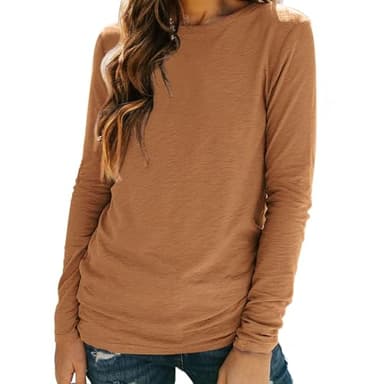 Womens Crewneck T Shirts Lightweight Long Sleeve V-Neck Tee Female Loose Fit Fall Tops Fashion Trendy Soft Clothes Outfits Coffee