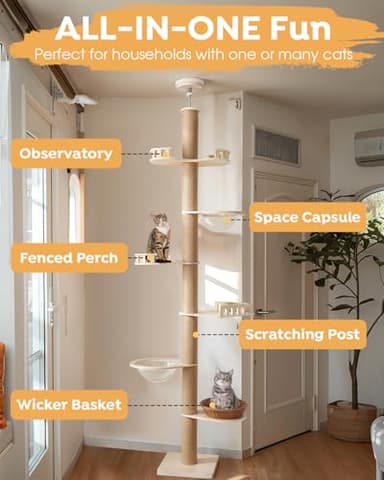 Veehoo Floor to Ceiling Cat Tree Height(106-123 Inch) Adjustable, Sturdy Tall Cat Tree with 4.3" Thickened Scratching Posts, Floor to Ceiling Cat Tower for Indoor Cats - Image 4