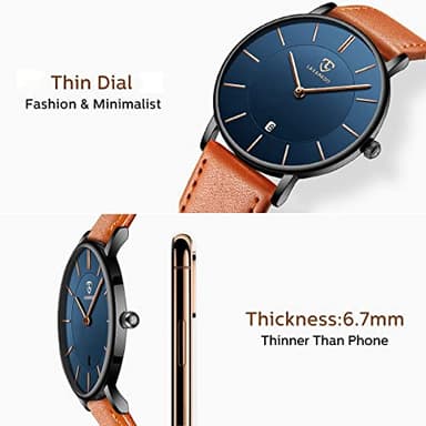 BEN NEVIS Watch, Mens Watch, Minimalist Fashion Simple Wrist Watch Analog Date with Leather Strap Orange Blue - Image 3