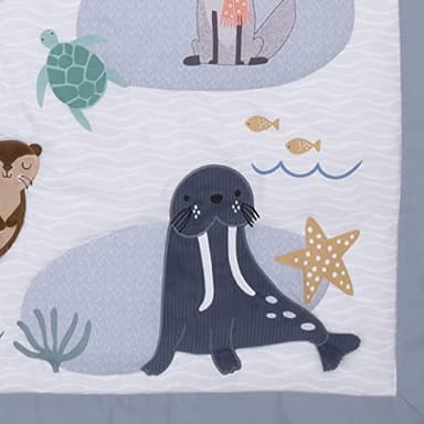 NoJo Arctic Adventure Light Blue, White, Taupe and Navy Whales, Walrus, and Otter 4 Piece Nursery Crib Bedding Set - Comforter, 100% Cotton Fitted Crib Sheet, Crib Skirt, and Storage Caddy - Image 9