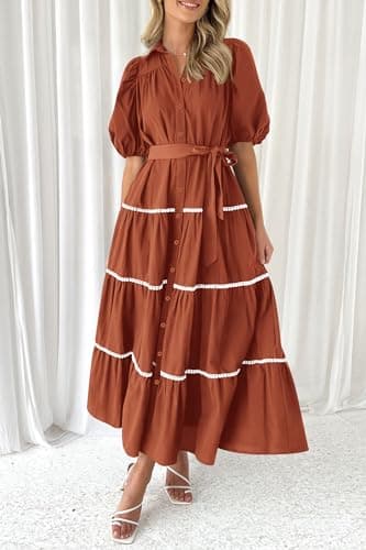 PRETTYGARDEN Women's Summer Button Down Shirt Dress Short Puffy Sleeve Tiered Ruffle Flowy Long Maxi Dresses (Rust Red,Large) - Image 4