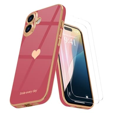 Teageo for iPhone 16 Case with Screen Protector [2 Pack] Girl Women Cute Girly Love-Heart Luxury Gold Soft Cover Camera Protection Shockproof Phone Case for iPhone 16, Bright Blush - Image 1