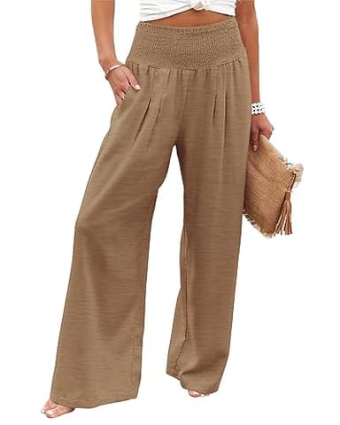 Angerella Women's Lounge Pants Casual Comfort High Waist Wide Leg Capri Palazzo Pants Solid Color Vacation Trousers with Pockets Camel M - Image 1