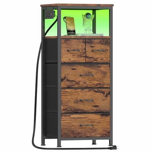 Furnulem Dresser for Bedroom, Tall Nightstand, Vertical Chest with Wood Top, Charging Station, LED Lights, 5 Fabric Bins, Bedside Table with Shelf, Furniture for Entryway (5 Drawer, Rustic Brown) - Image 1