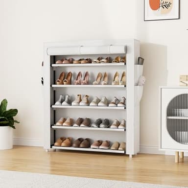 VILICK Shoe Rack with Cover, 5 Tier Shoe Organizer Storage for 20-24 Pair Shoes and Boots Large Shoe Storage Shelf Space Saving Vertical Shoe Rack for Closet, Front Door Entrance, Dorm, Garage, White - Image 2