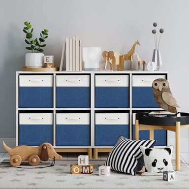 VQRTEXA 13 x 13 Inch Fabric Storage Cube Bins, 6 Pack Fine Linen Storage Boxes with Handles, Collapsible Basket Organizers for Shelves (White/Blue) - Image 2