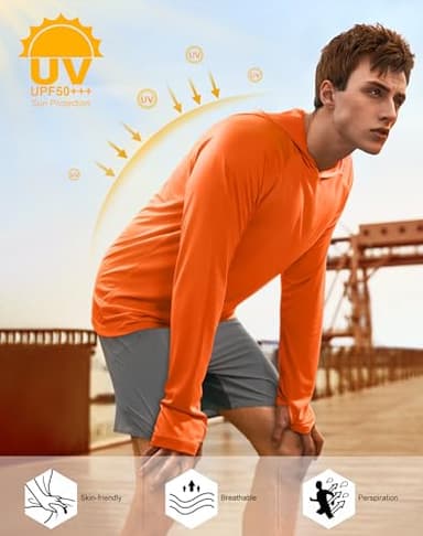 isnowood Sun Shirt UPF 50+ Men's Fishing Shirt Long Sleeve UV Protection Hoodie Rash Guard for Swimming Running Hiking Electric Orange - Image 3