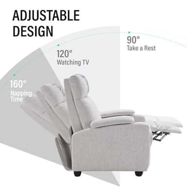 Softa Recliner Chair with Cup Holder and Headrest Cloth for Adults, Fabric Small Reclining Chair for Living Room, Adjustable Modern Armchair with Extended Footrest for Bedroom(Light Gray) - Image 6