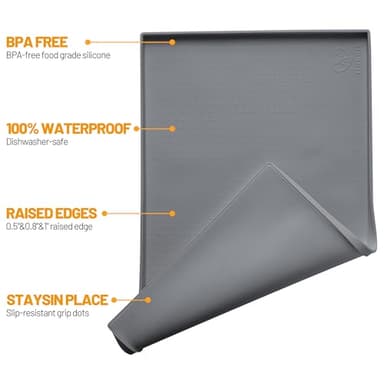 Hubulk Dog Feeding Mat,100% Waterproof Food Grade Silicone Pet Food and Water Bowl Placemat,Dishwasher, High Raised Edge to Prevent Spills,Nonslip Tray to Stop Messes on Floor (19"x12"x0.5", Grey) - Image 2