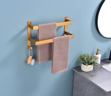 Hoooh Towel Rack for Bathroom, 16 Inch Wall Mount Double Towel Bar with Hooks, Gold Stainless Steel 2-Tiers Ladder Towel Hanger - Image 5