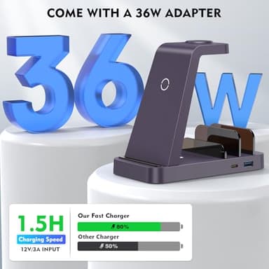 Wireless Charger for iPhone - 5 in 1 Charging Station for Multiple Devices Apple: Fast Wireless Charging Stand Dock for iPhone 17 16e 16 15 14 13 12 Pro Max Apple Watch Airpods (Purple) - Image 4
