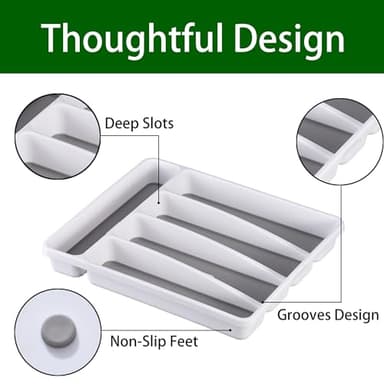 Loyareal Silverware Organizer Utenisl Organizer Holder Kitchen Drawer Organizer Plastic Silverware Tray for Drawer Flatware Organizer 5 Compartment White - Image 6