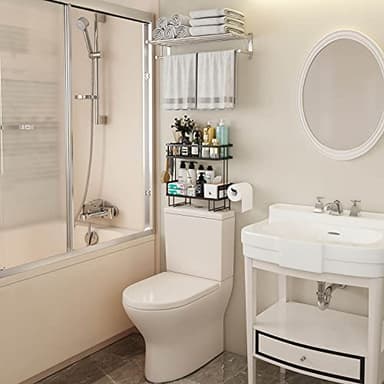 Godboat Bathroom Organizers, 2-Tier Over Toilet Storage, Floating Shelves with 2 Hooks & Paper Holder, Wall Mounted Shelf Furniture, Cool Accessories & Decor, Gifts for Women, Mothers Day (Black) - Image 7