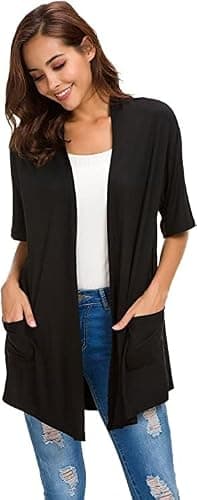 ADANIKI Womens Short Sleeve Open Front Lightweight Casual Comfy Long Line Drape Hem Soft Modal Cardigans Sweater with Two Pockets (Black, XXL) - Image 2