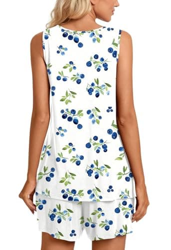 TAOHUADAO Womens Summer 2 Piece Pajama Sets, Sleeveless Tunic Tops with Shorts, Lounge Sleepwear Ladies Pjs Sets with Pockets XL, Blueberry-White - Image 4