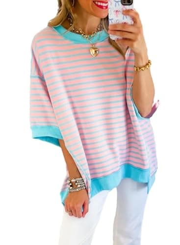 SHEWIN Summer Tops for Women 2025 Short Sleeve Shirts Trendy Loose Crewneck Oversized Tshirts Striped Color Block Cute Top Womens Fashion T Shirt Pink Stripe L - Image 1