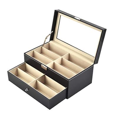 Siveit 12 Grids Sunglass Organizer Leather Eyeglasses Collector Double-Layer Eyewear Display Case Lockable Storage Box, Black - Image 3