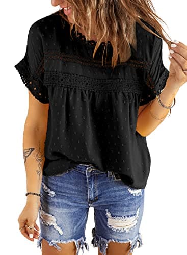 Dokotoo Summer Tops for Women Cute Lace Crochet Crewneck Short Sleeve Blouses Pom Pom Chiffon Babydoll Shirts for Women Teen Girls Casual Holiday Boho Clothing M Black - Image 1
