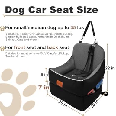 Car Dog Booster Seat,Interior Height 7 Inches Elevated for Small Dog up to 35 lbs,Pet Car Travel Safety Seat with 2 Safety Leashes,Storage Pockets,Non-Slip Bottom(Lookout-Black Outside Grey Inside) - Image 2