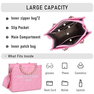 Chinllo Tote Bag for Women, Quilted Chains Stachel Purse and Handbags with Shoulder Strap (E.Pink-M) - Image 4