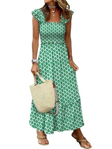 ANRABESS Womens Summer Sleeveless Maxi Dress Square Neck Smocked Boho Casual Ruffle Strap Flowy A-Line Long Beach Sundress Green Floral Medium - Image 1