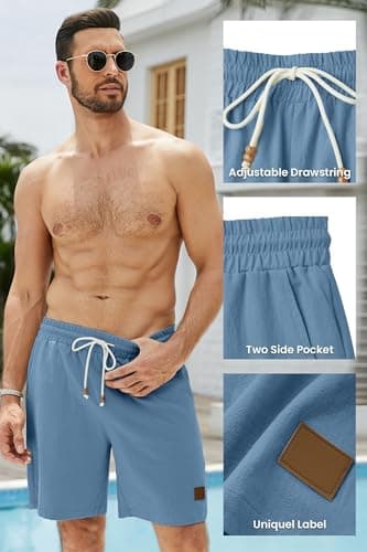 hawalili Mens Shorts Casual 7" Inseam 100% Cotton Drawstring Elastic Waist Summer Beach Stretch Golf Shorts with Pockets Denim Blue,XXL - Image 5