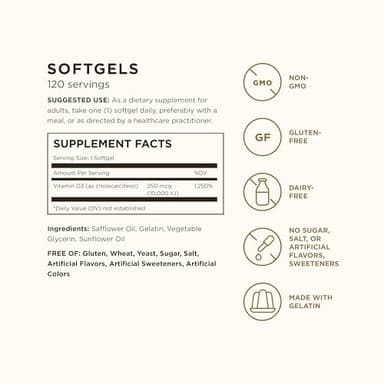 Solgar Vitamin D3 (Cholecalciferol) 250 MCG (10,000 IU), 120 Softgels - Helps Maintain Healthy Bones & Teeth - Immune System Support - Non GMO, Gluten/ Dairy Free - 120 Servings - Image 2