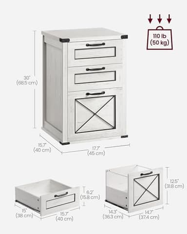 VASAGLE File Cabinet, Filing Cabinet with 3 Drawers, Printer Stand, Fit A4, Letter Size, Hanging File Folders, Modern Farmhouse Style, for Home Office, Rustic White UOFC054T73 - Image 3