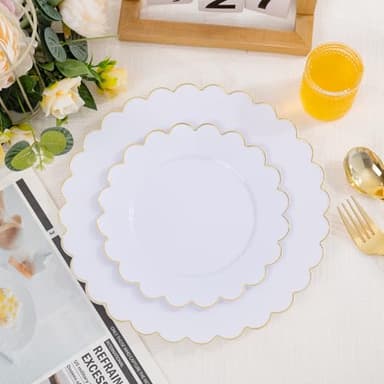 LIYH 120 Pcs White Plastic Plates Wedding Plates Disposable Heavy Duty Scalloped Plastic Plate Includes: 60 Dinner 10.25" & 60 Dessert Plate 7.5" Elegant Gold Rim Suitable for Bridal Shower Party - Image 2