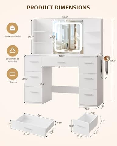LIVELYGLOW Large Makeup Vanity Desk, 43.3”W x 15.7“D x 53.2”H, White (Large Desktop, Samrt LED Mirror, 4 Open Shelves, 7 Drawers, Hairdryer Rack, Power-Outlet, No Cushion Stool Included) - Image 2