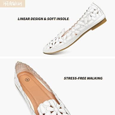HEAWISH Women's Floral Ballet Flats for Women Black Beige Slip On Flowers PU Leather Round Toe Dress Shoes(White,US7.5) - Image 5
