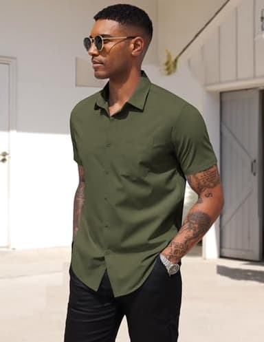 COOFANDY Men Dress Shirt Summer Evening Regular Fit Polyester Stretchy Button Down Shirts with Chest Pocket Olive Army Green XXXXL 4XL - Image 3