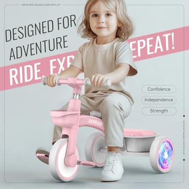 SEREED Colorful Lighting Toddler Tricycle for 2-5 Years Old Girls, Adjustable Seat&Handlebar Trike, Removable Basket, Birthday Gift Idea for Kids Ages 2+ (Pink) - Image 2