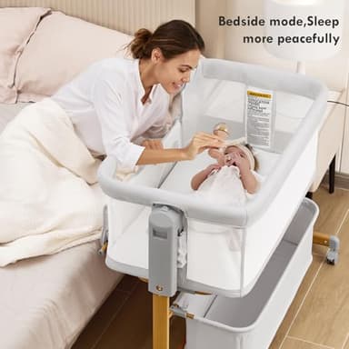 Baby Bassinet Bedside Sleeper, 3-in-1 Rocking Bassinet for Baby with 6-Level Height Adjustable, 4 Wheels & Breathable Mesh Walls, Portable Bedside Bassinet with Mattress for Newborn - Image 2
