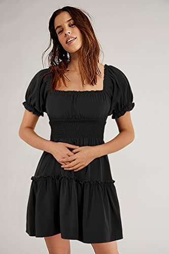 Heysolo Womens Square Neck Mini Dress Casual Short Sleeve Empire Waist Smocked Summer Babydoll Dresses - Image 2