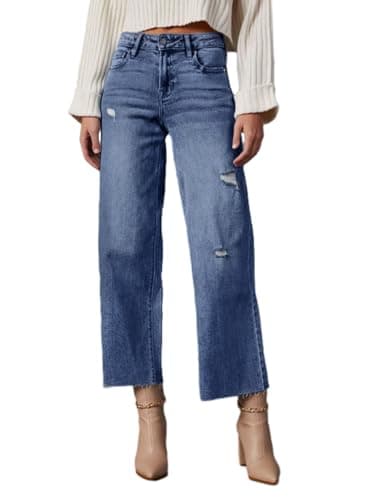 Dokotoo Capri Wide Leg Jeans for Women Trendy Womens Pants High Waisted Jeans Pants Women Baggy Straight Petite Barrel 2025 Summer Boyfriend Outfits Fashion Clothing Casual Trousers Denim Blue - Image 1