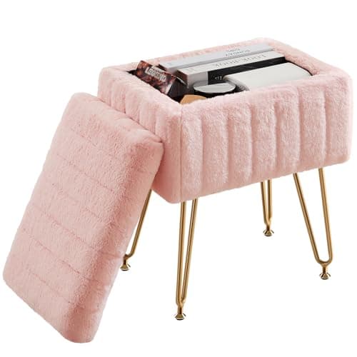 DUMOS Vanity Stool Chair, Ottoman with Storage, Makeup Cute Soft Small Footstool, Modern Style Faux Fur Seat with 4 Metal Legs & Adjustable Feet for Dressing, Living Room, Bedroom, Dorm, Pink - Image 1