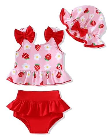 Toddler Girl Bathing Suit Infant Baby Girl Swimsuit 18-24 Month 2 Piece Red Strawberry Baby Girl's Bikini Summer Swimwear Beach Tankini Outfits Set - Image 1