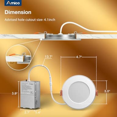 Amico 12 Pack 4 Inch 5CCT LED Recessed Ceiling Light with Night Light, 2700K/3000K/3500K/4000K/5000K Selectable Ultra-Thin Lighting, 10W=90W, 700LM, Dimmable Canless Wafer Downlight - ETL&FCC - Image 5
