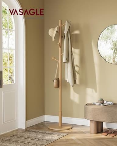VASAGLE Solid Wood Coat Rack, Free Standing Hall Coat Tree with 7 Hooks, 3 Height Options, for Coats, Hats, Bags, Purses, for Entryway, Hallway, Rubberwood Hooks and Pole, Natural Beige URCR007N01 - Image 2