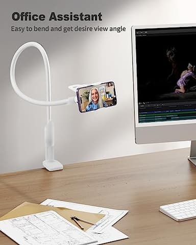 SAIJI Gooseneck Cell Phone Holder, Clamp Universal Lazy Mount Clip Hands Free Flexible Long Arm Bracket Grip for 4-7 Phones Mobile Stand Baby Monitor for Desk, Bed, Office, Kitchen (White) - Image 6