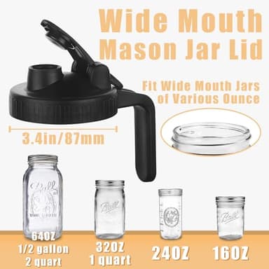 Mason Jar Pour Spout Lid for Wide Mouth Mason Jars, Mason Jar Pitcher Flip Cap Airtight Handle Lid, Leak Proof Seal Cover, Pack of 2 - Image 2