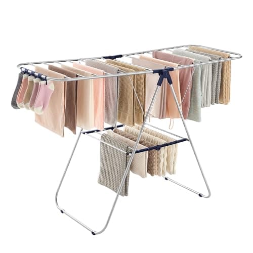 SONGMICS Clothes Drying Rack, with Sock Clips, Metal Laundry Rack, Foldable, Space-Saving, Free-Standing Airer, with 2 Height-Adjustable Gullwings, Indoor Outdoor Use, Silver and Blue ULLR52BU - Image 1