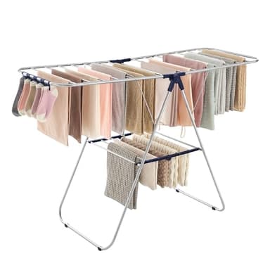 SONGMICS Clothes Drying Rack, with Sock Clips, Metal Laundry Rack, Foldable, Space-Saving, Free-Standing Airer, with 2 Height-Adjustable Gullwings, Indoor Outdoor Use, Silver and Blue ULLR52BU - Image 1